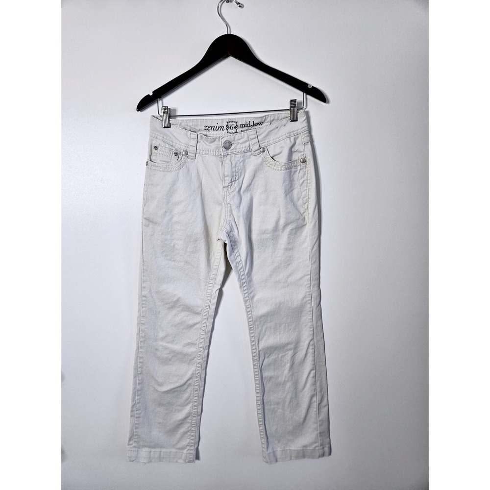 Zenim Fleur De Lis Embellished Jeans Size 6 Cream Off White Y2K Bling Pockets‎